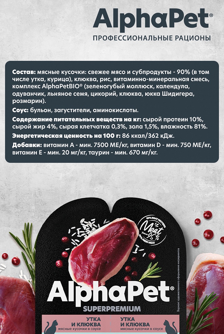 AlphaPet Superpremium Влажный корм для кошек с чувствительным пищеварением, утка и клюква в соусе, 80г 4670064651843