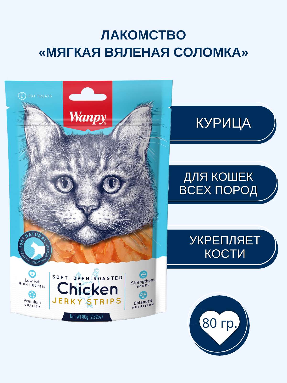 Wanpy Cat Лакомство для кошек мягкая вяленая соломка из курицы 80 г