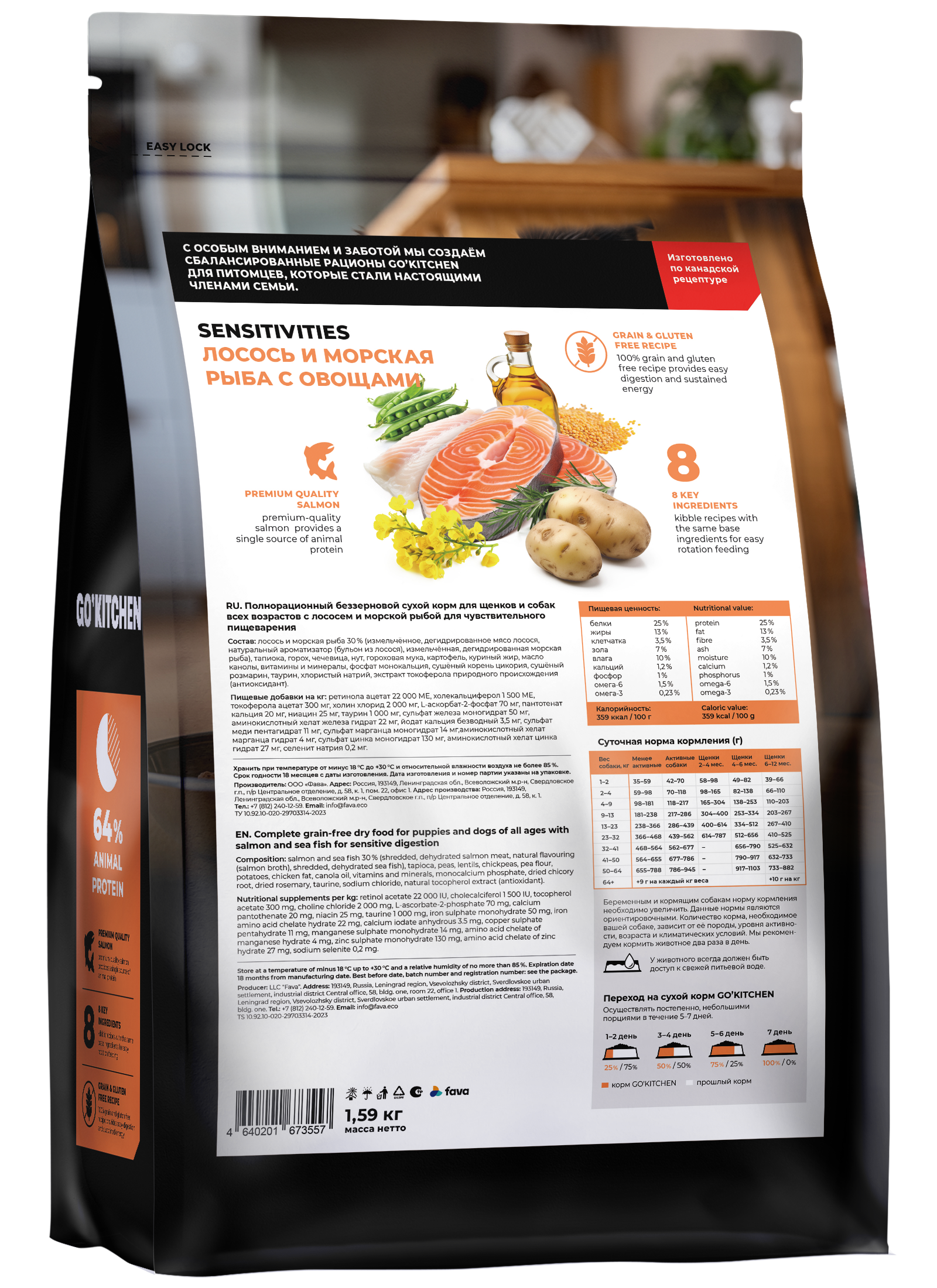 GO'KITCHEN Сухой беззерновой корм Sensitive для собак с лососем 1,59 кг 4640201673557