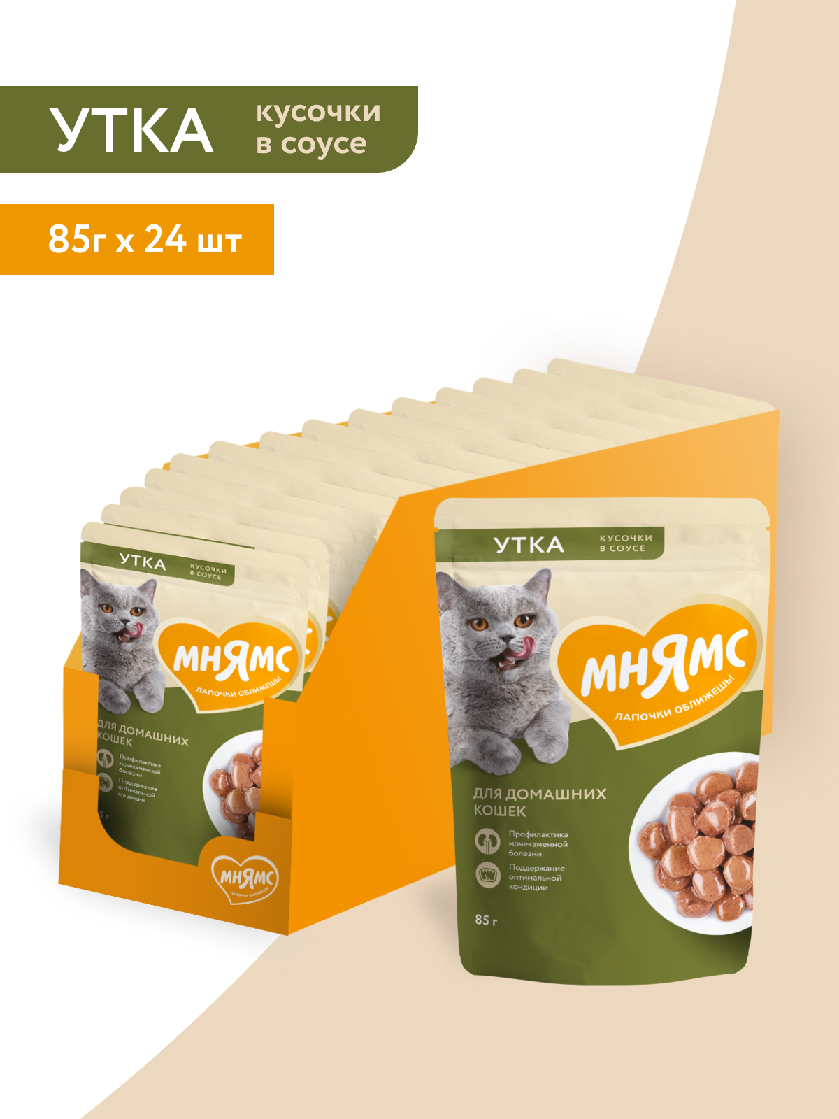 Мнямс Влажный корм для домашних кошек, кусочки в соусе с уткой, 85 г