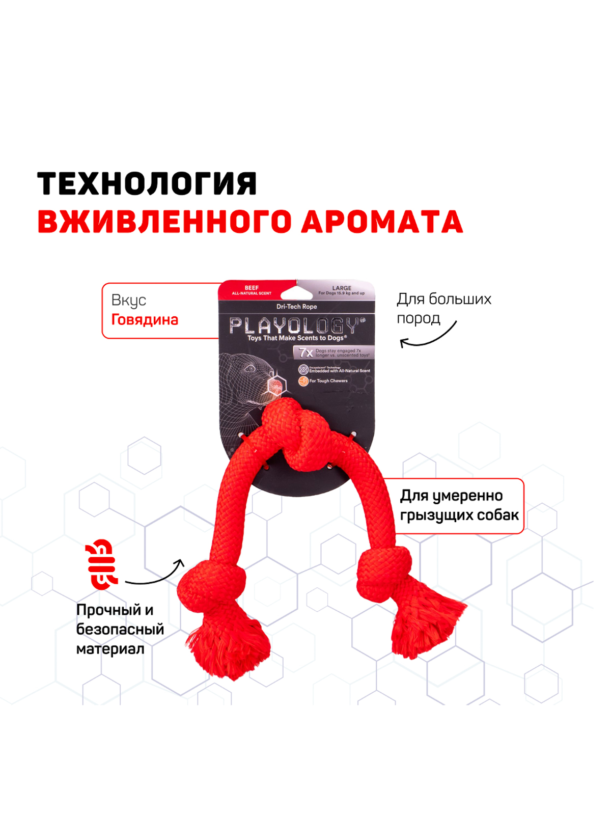 Playology жевательный канат DRI-TECH ROPE для собак средних пород с ароматом говядины, средний, цвет красный