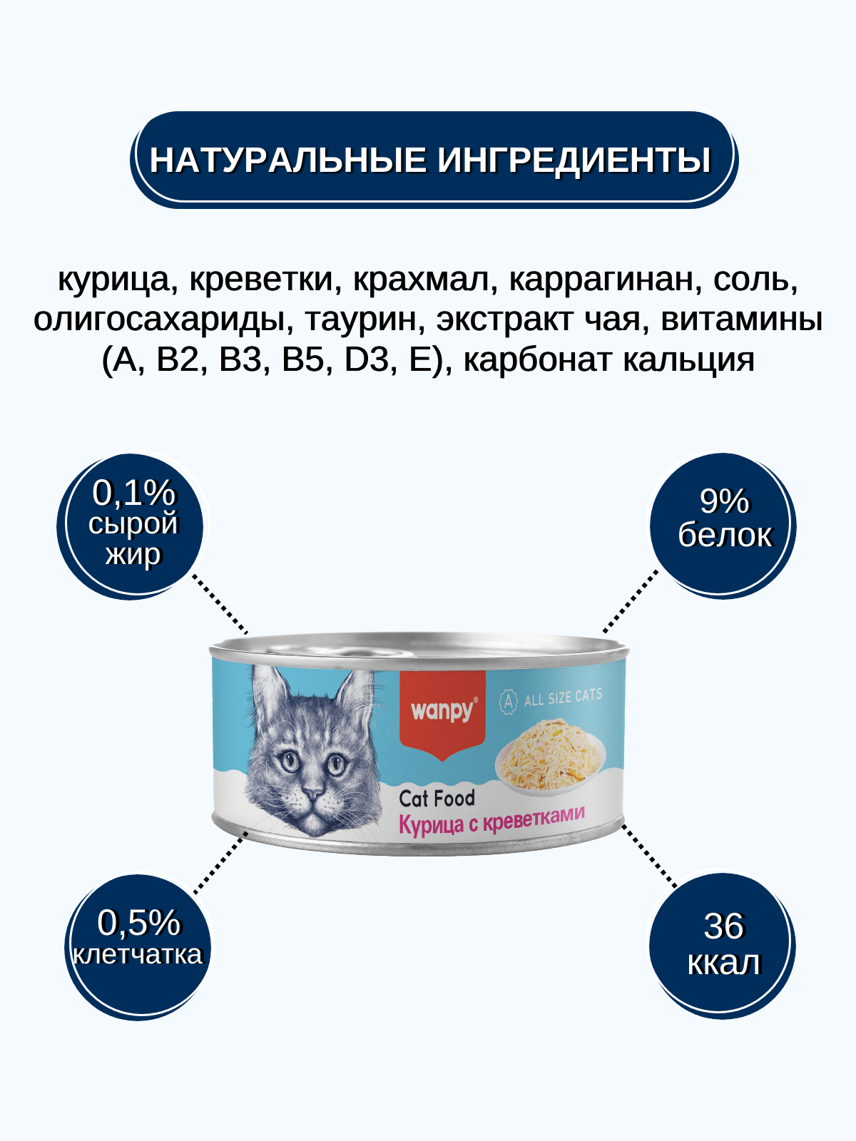Wanpy Cat Консервы для кошек, курица  с креветками, 95 г