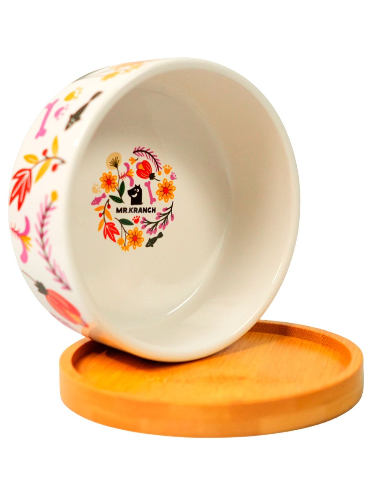 Миска Mr.Kranch Bamboo 340 мл Цветы Прованса керамическая на бамбуковой подставке розовая (35002)