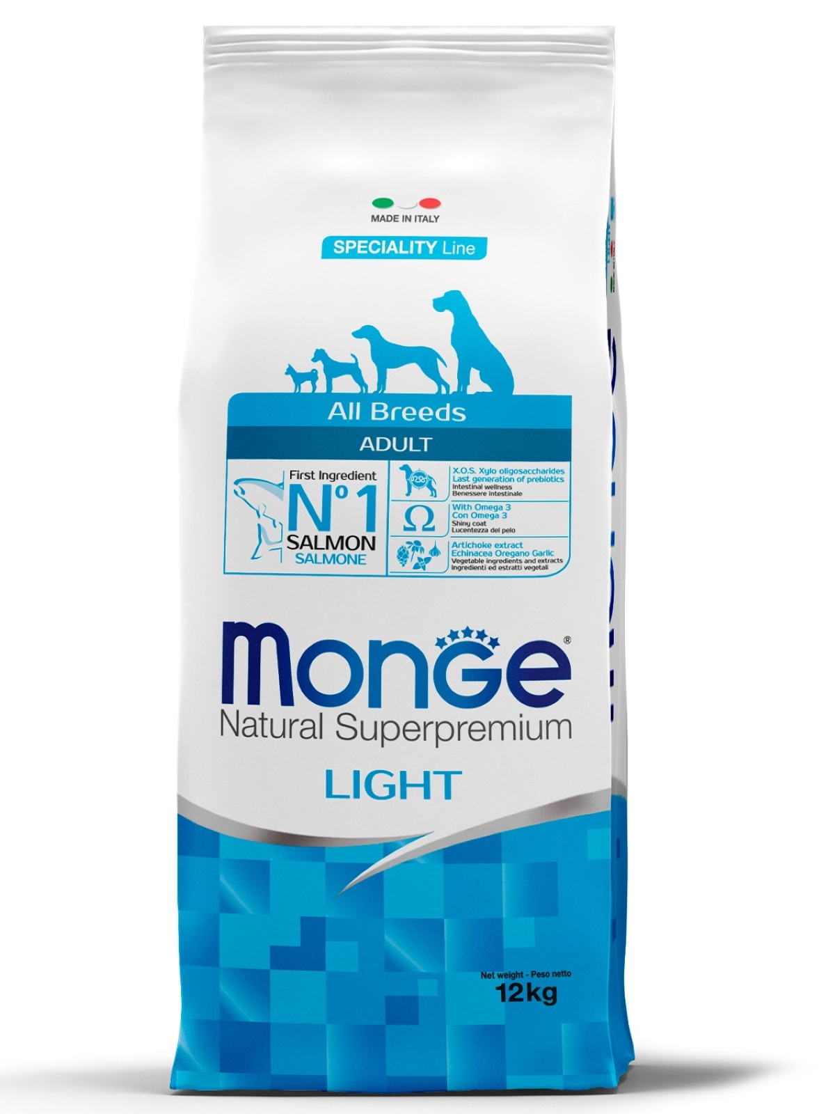 Сухой корм Monge Dog Speciality Line Light для взрослых собак всех пород, низкокалорийный, лосось с рисом 12 кг