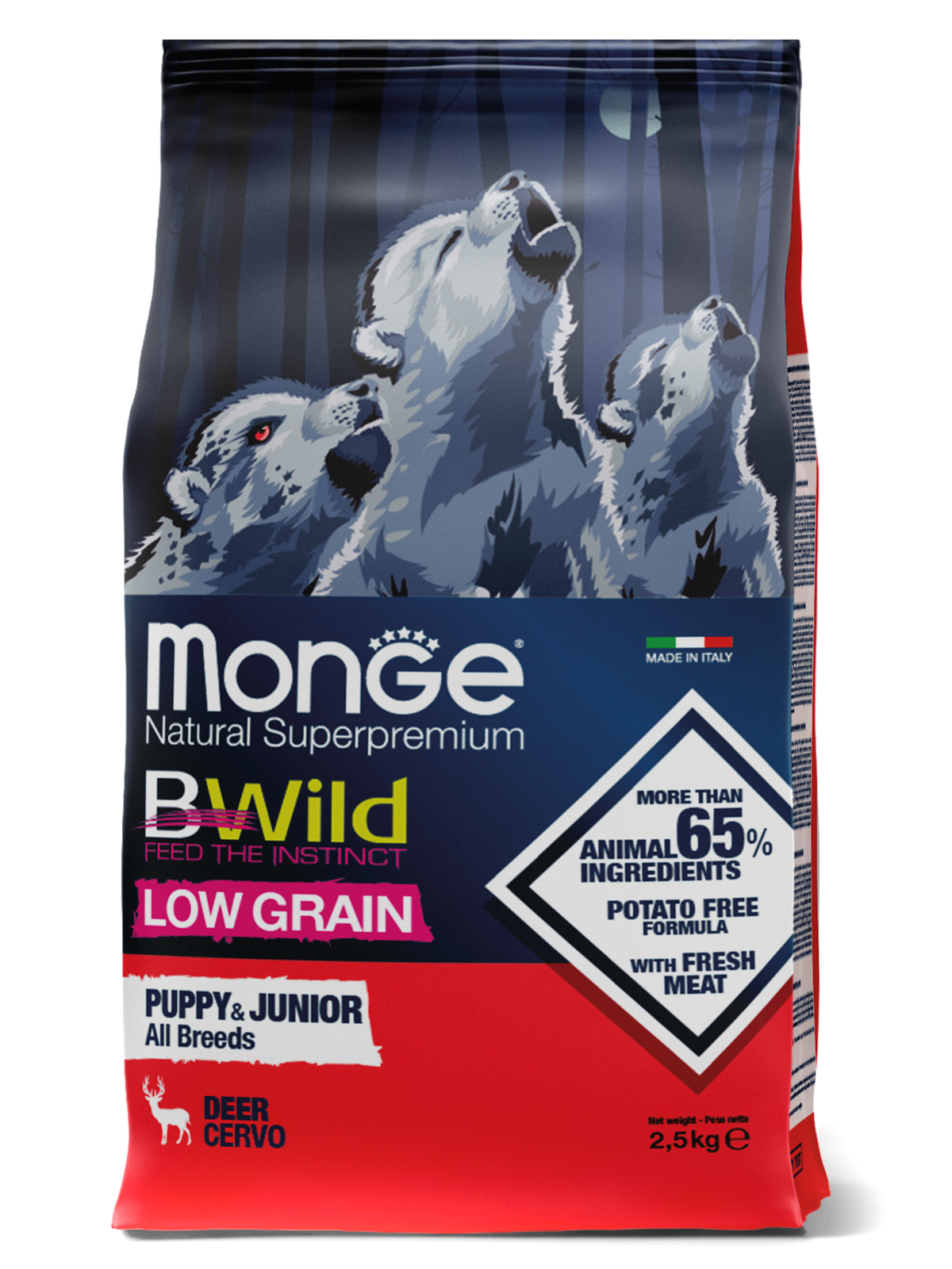 Сухой корм Monge Dog BWild LOW GRAIN Puppy & junior для щенков, низкозерновой, из мяса оленя 2,5 кг
