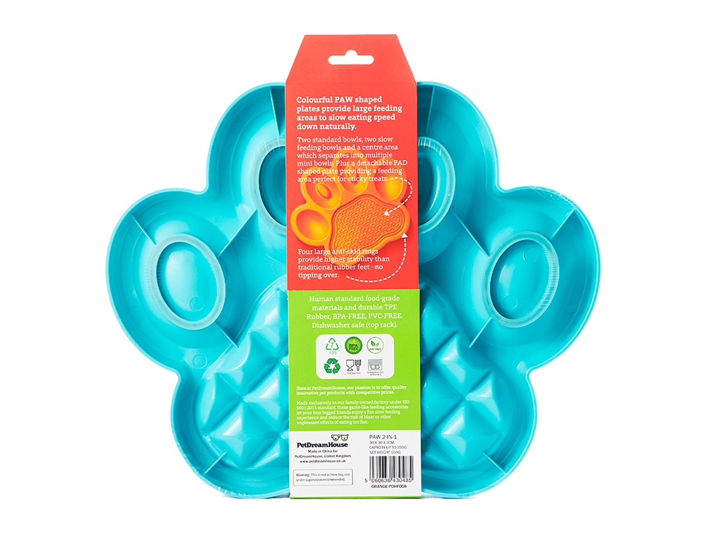 Миска Лапа для медленного кормления 2в1, синяя / PetDreamHouse PAW 2-IN-1 Slow Feeder & Lick Pad Blue Easy, 540 г