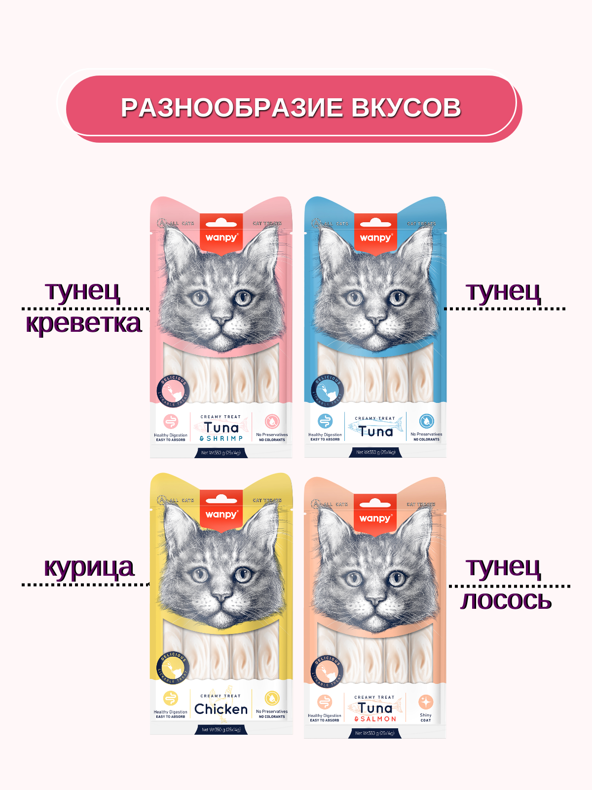 Wanpy Cat Лакомство для кошек нежное пюре из тунца и креветками 25 шт х14 г