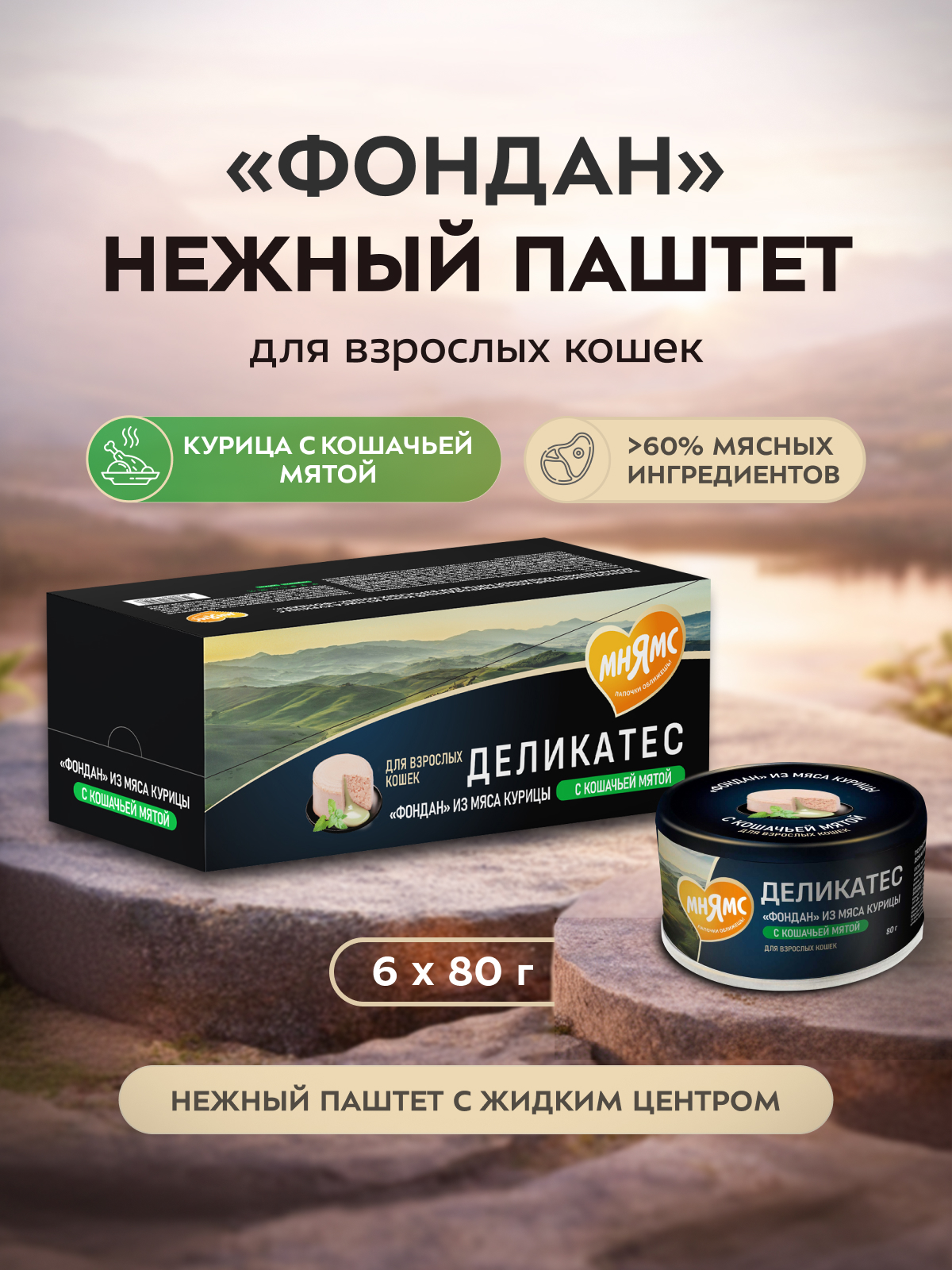 Влажный корм Мнямс Деликатес "Фондан" из мяса курицы с кошачьей мятой для кошек 80 г