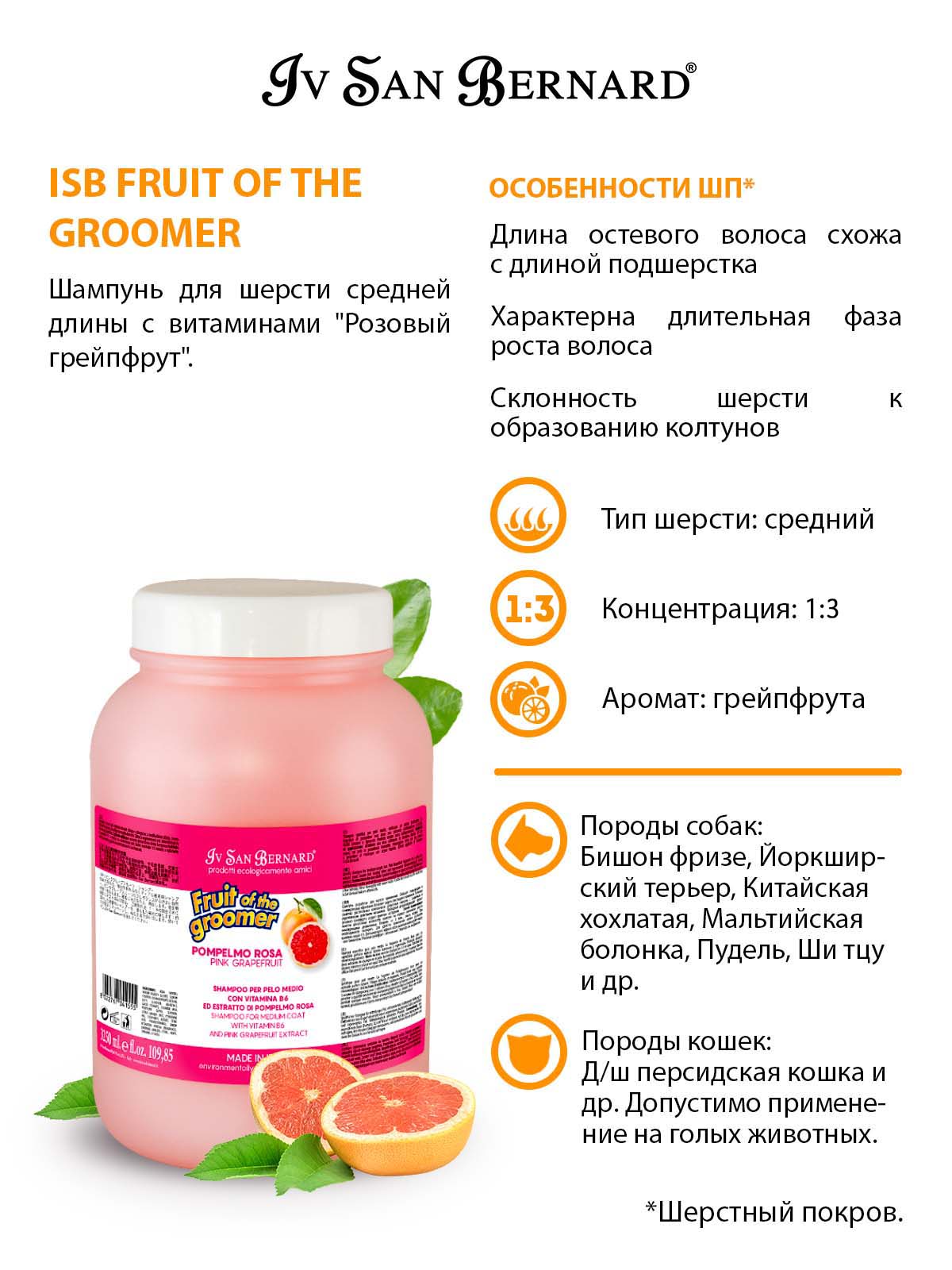 ISB  Grapefruit Шампунь для шерсти средней длины 3,25 л 8022767041555