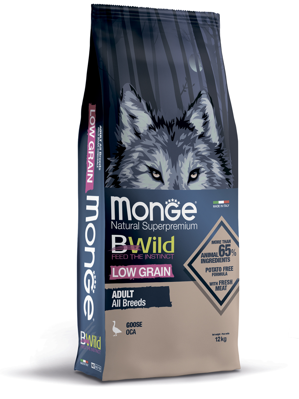 Сухой корм Monge Dog BWild LOW GRAIN для взрослых собак, низкозерновой, из мяса гуся 12 кг
