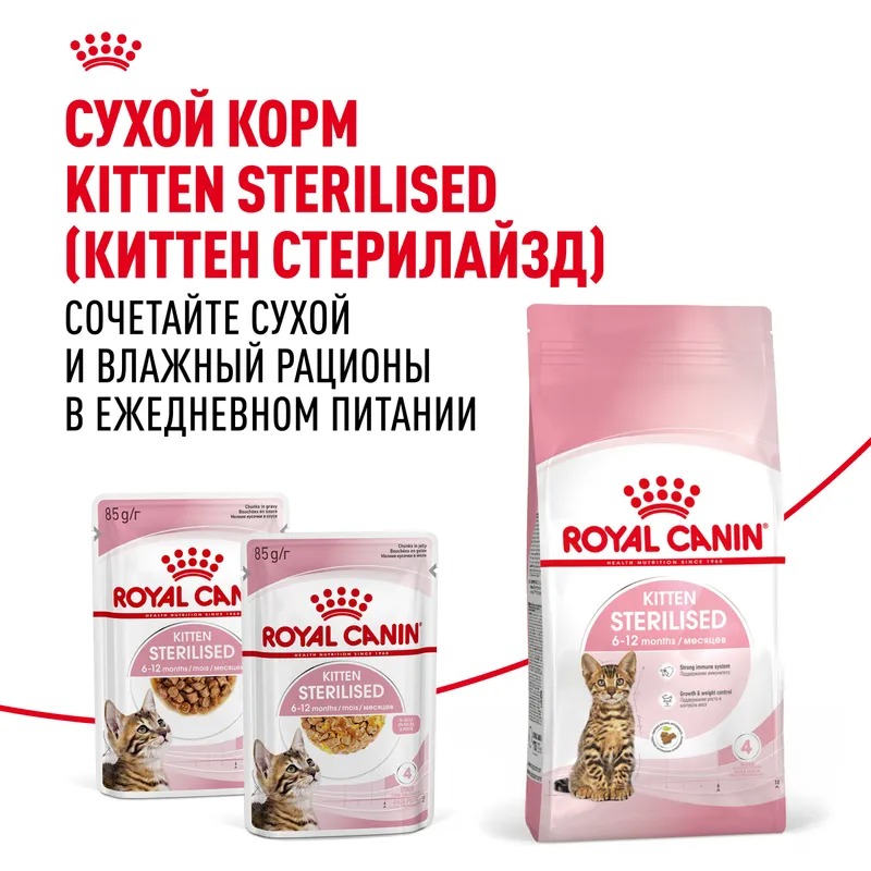 Влажный корм Royal Canin Kitten Sterilised для стерилизованных котят в возрасте от 6 до 12 мес. мелкие кусочки в соусе 85гр