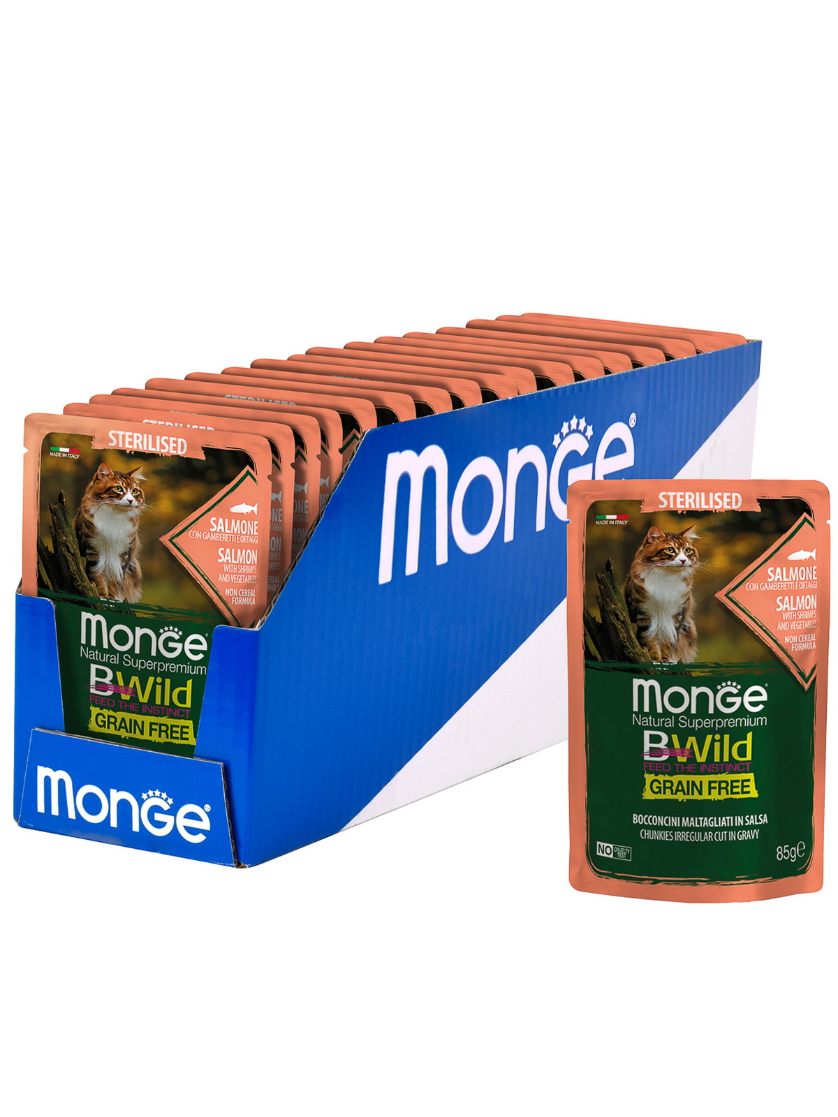 Monge Cat BWild GRAIN FREE Корм для стерилизованных кошек, беззерновой, из лосося с креветками и овощами, 85 г