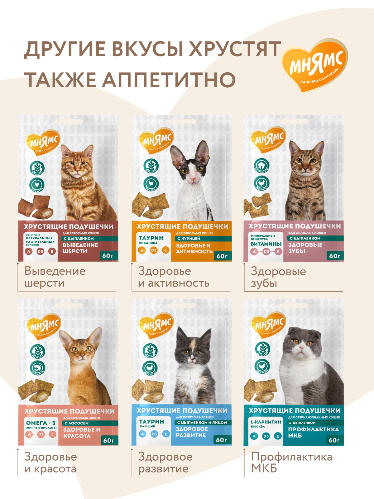 Мнямс Лакомство  Здоровая кожа и шерсть хрустящие подушечки для кошек с птицей 60 г.