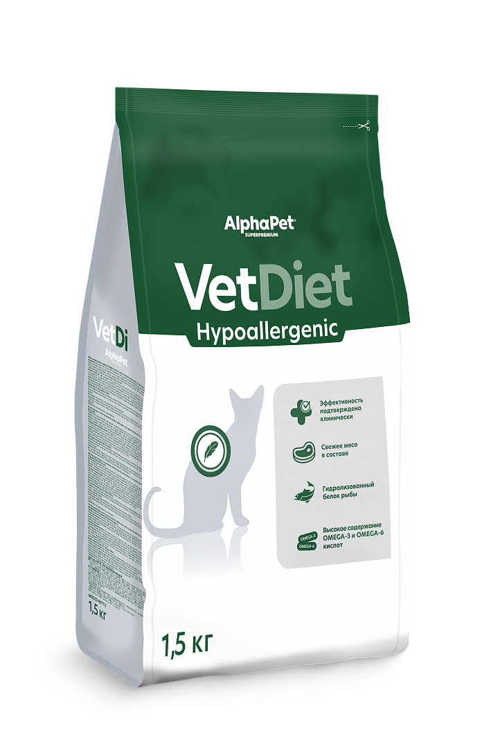 AlphaPet VetDiet Hypoallergenic Сухой корм для кошек при пищевой аллергии с белой рыбой 1,5 кг