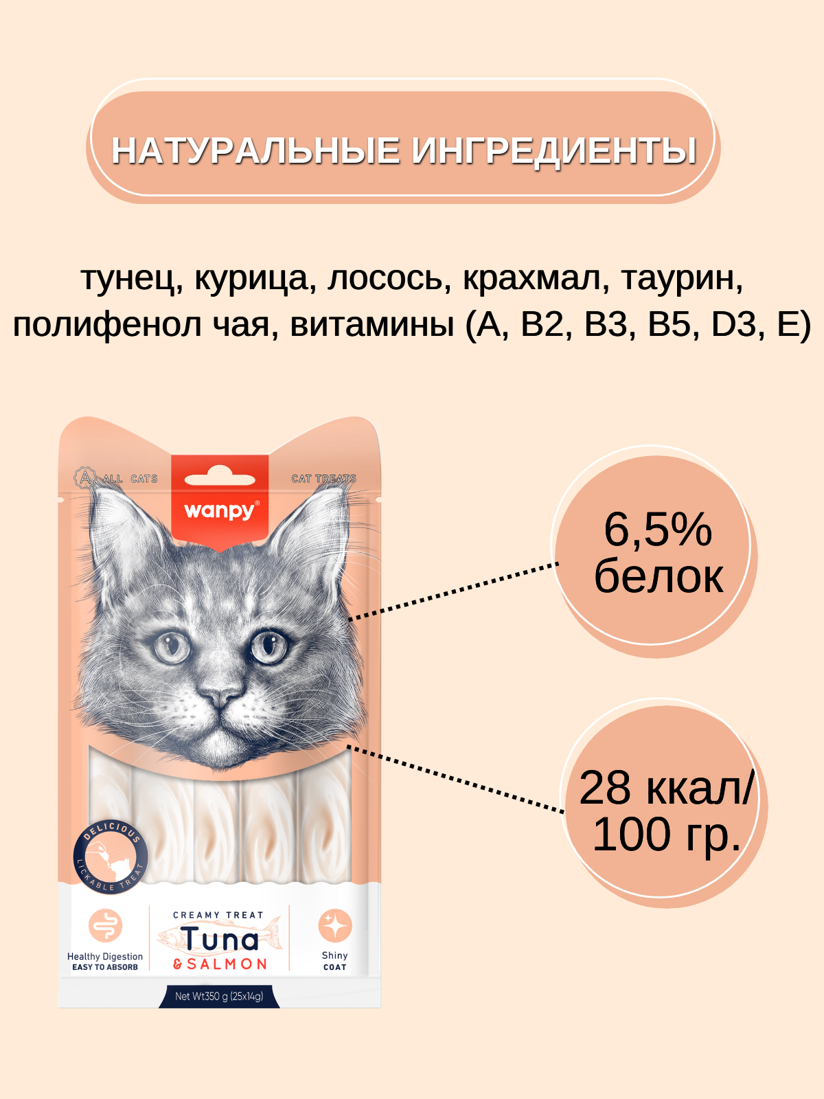 Wanpy Cat Лакомство для кошек нежное пюре из тунца и лосося 25 шт х14 г