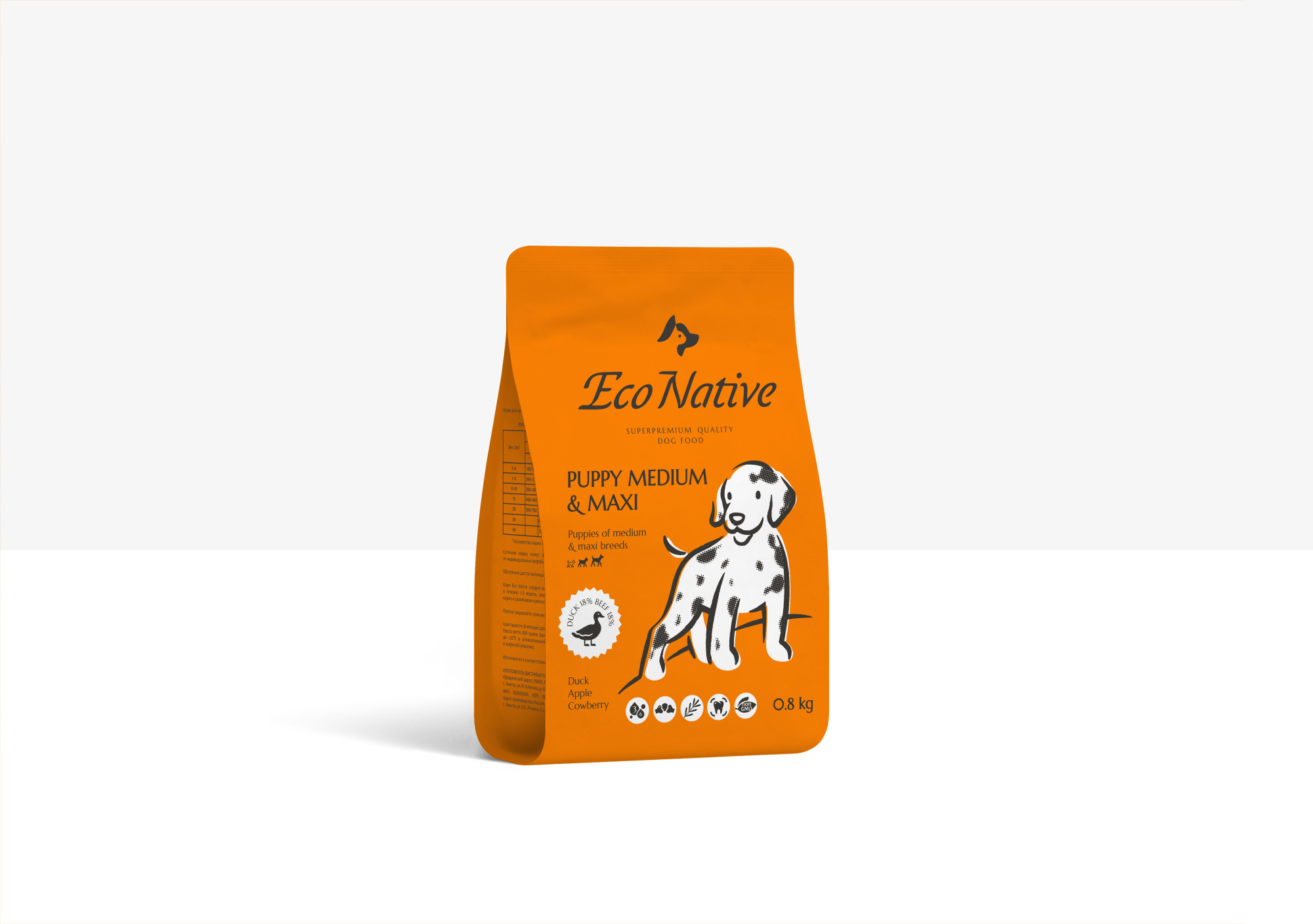 Eco Native DUCK Сухой корм из мяса мускусной утки с яблоками и брусникой для щенков средних и крупных пород, 800 гр.