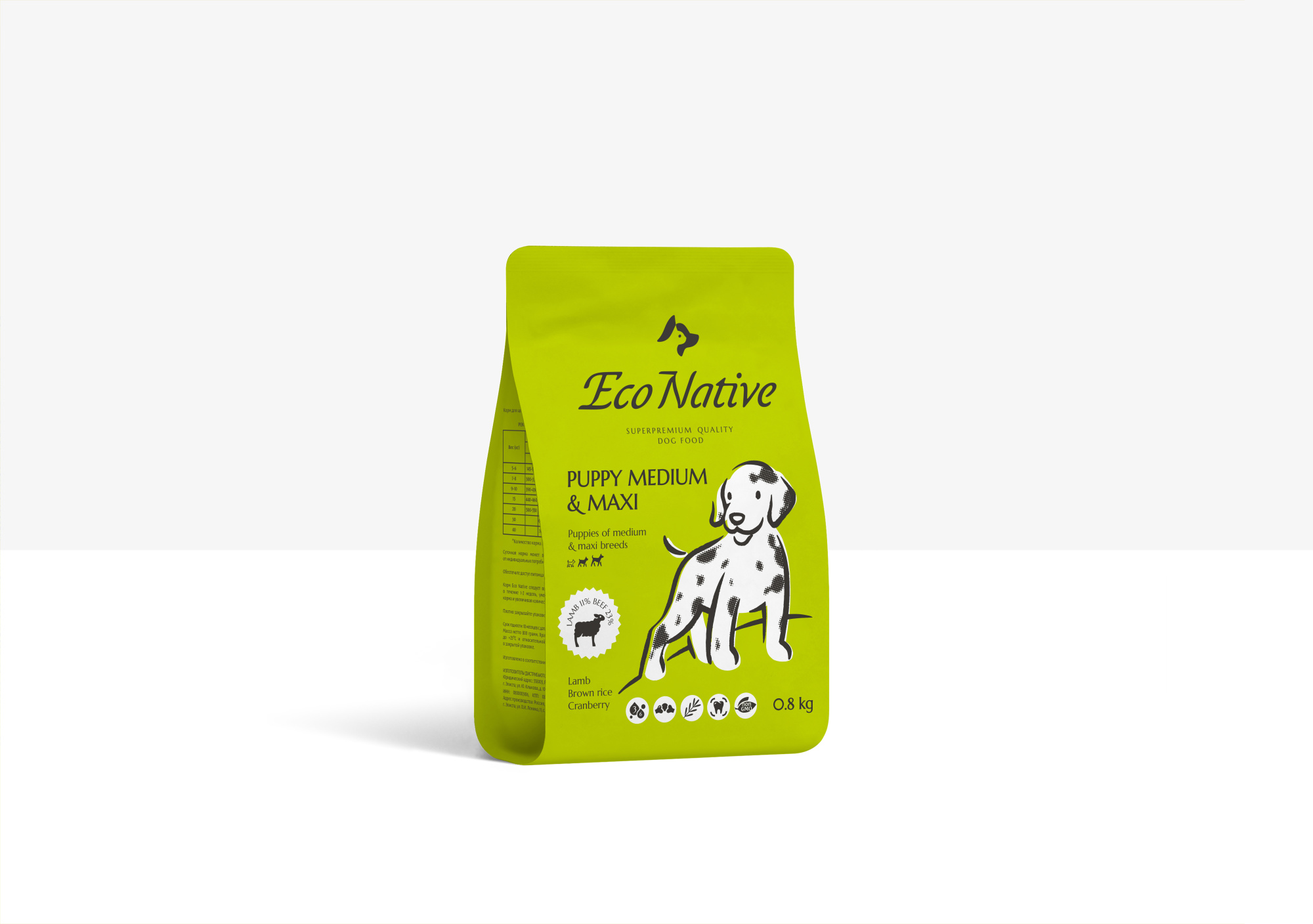 Eco Native LAMB Сухой корм из мяса степного ягненка с бурым рисом и лесной клюквой для щенков средних и крупных пород, 800 гр.