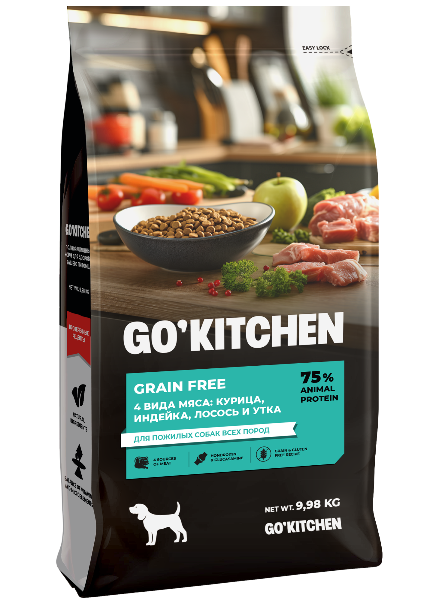 GO'KITCHEN Сухой корм  для пожилых собак всех пород с курицей 9.98кг 4640201677142