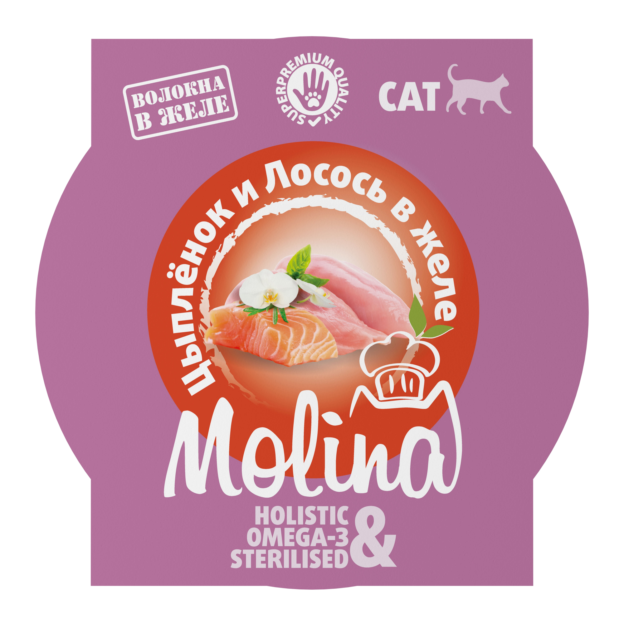 MOLINA Влажный корм для кошек, цыпленок и лосось в желе, 75 г