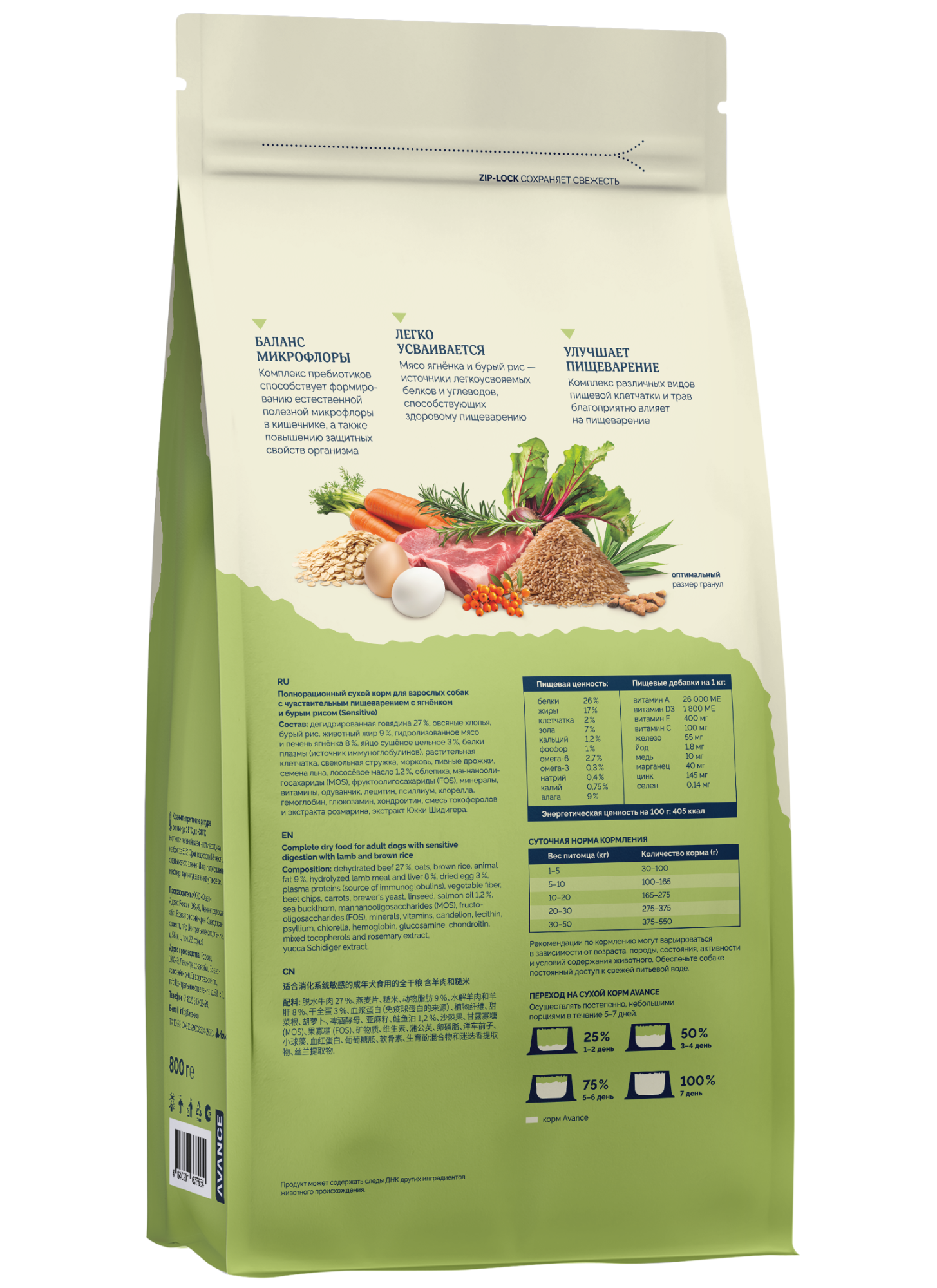 AVANCE Сухой корм для собак Sensitive с ягненком 0,8 кг