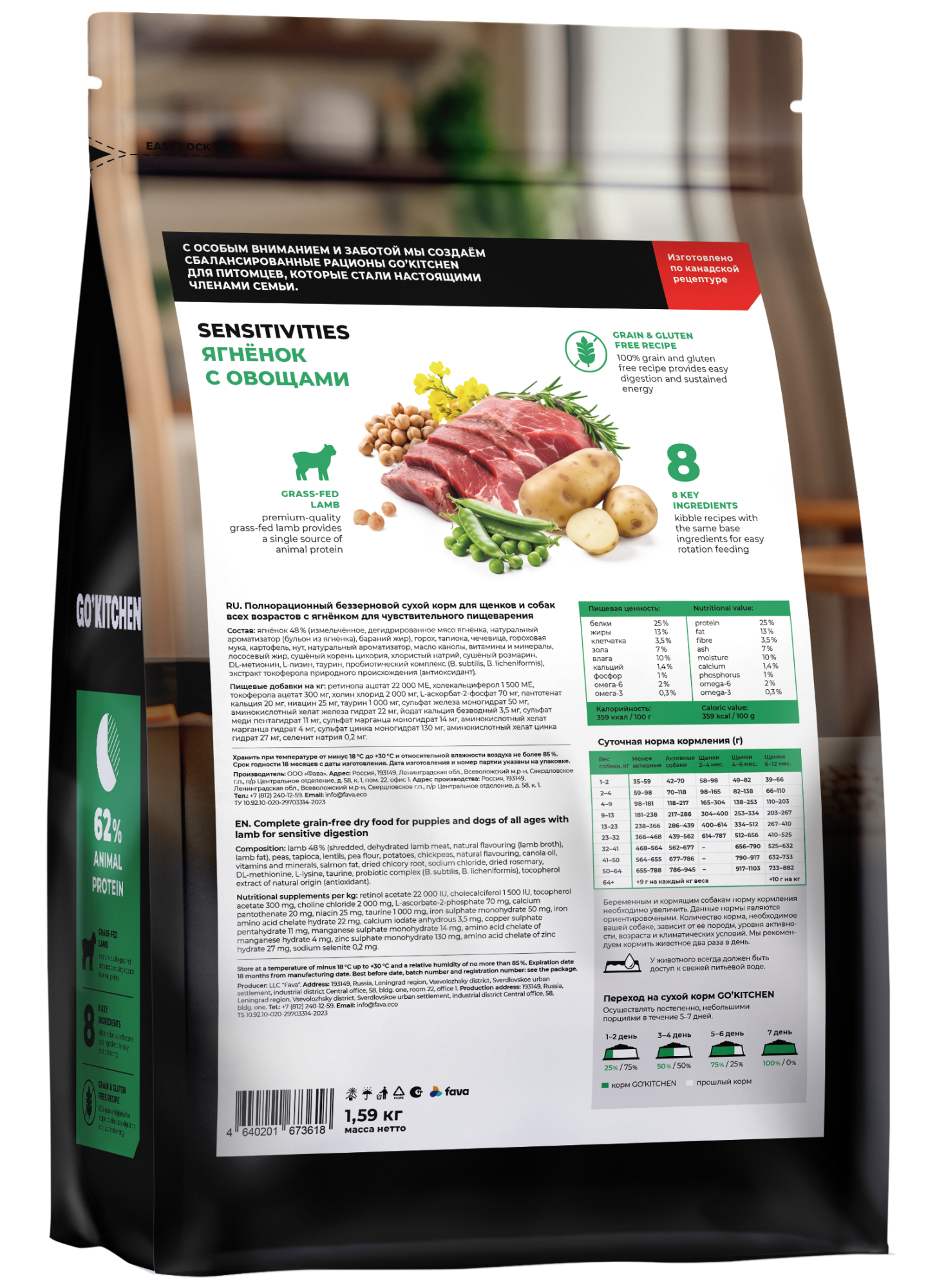 GO'KITCHEN Сухой беззерновой корм Sensitive для собак ягненок 1,59 кг 4640201673618