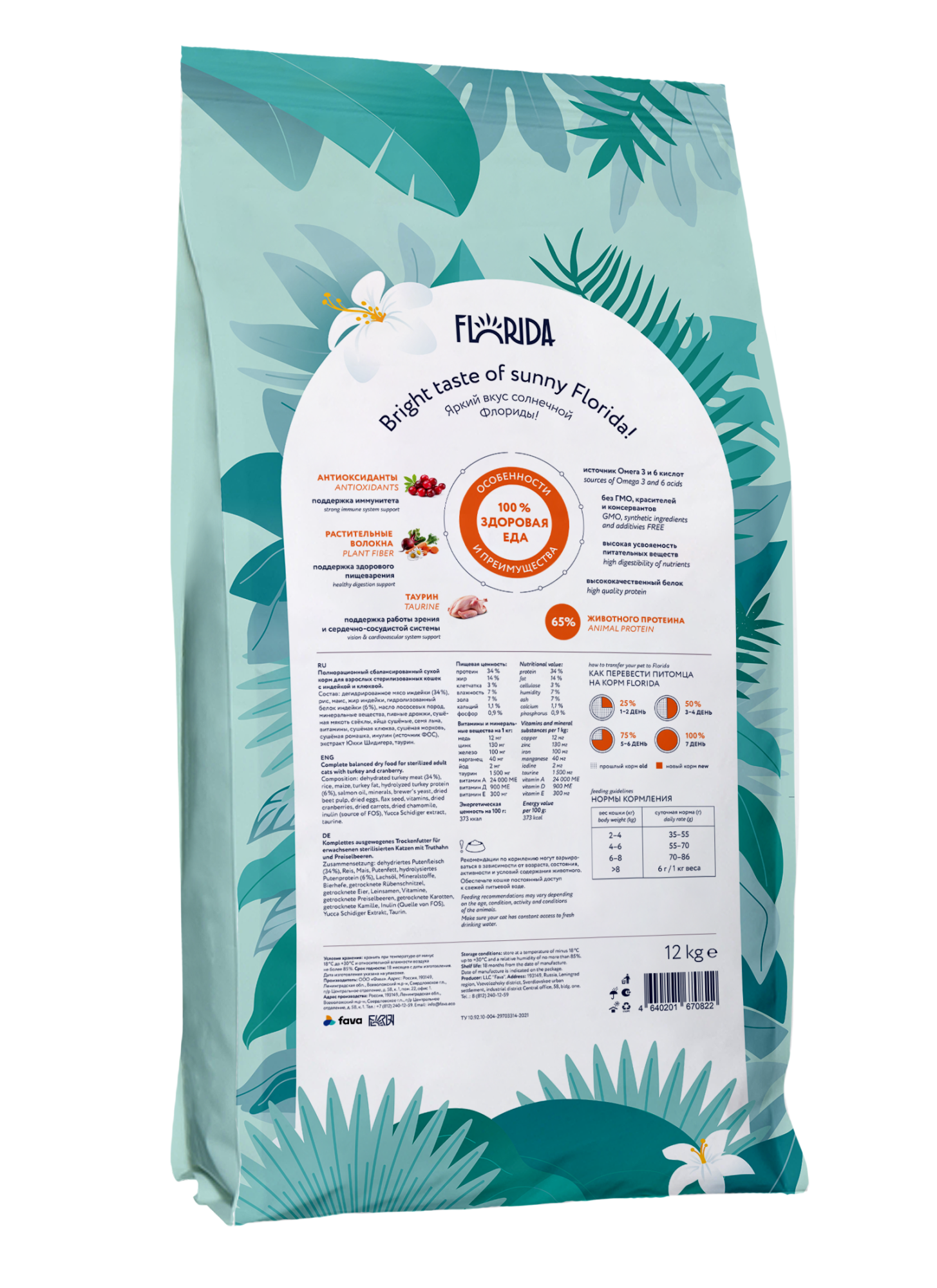 FLORIDA. Сухой корм для стерилизованных кошек с индейкой 12 кг 4640201670822