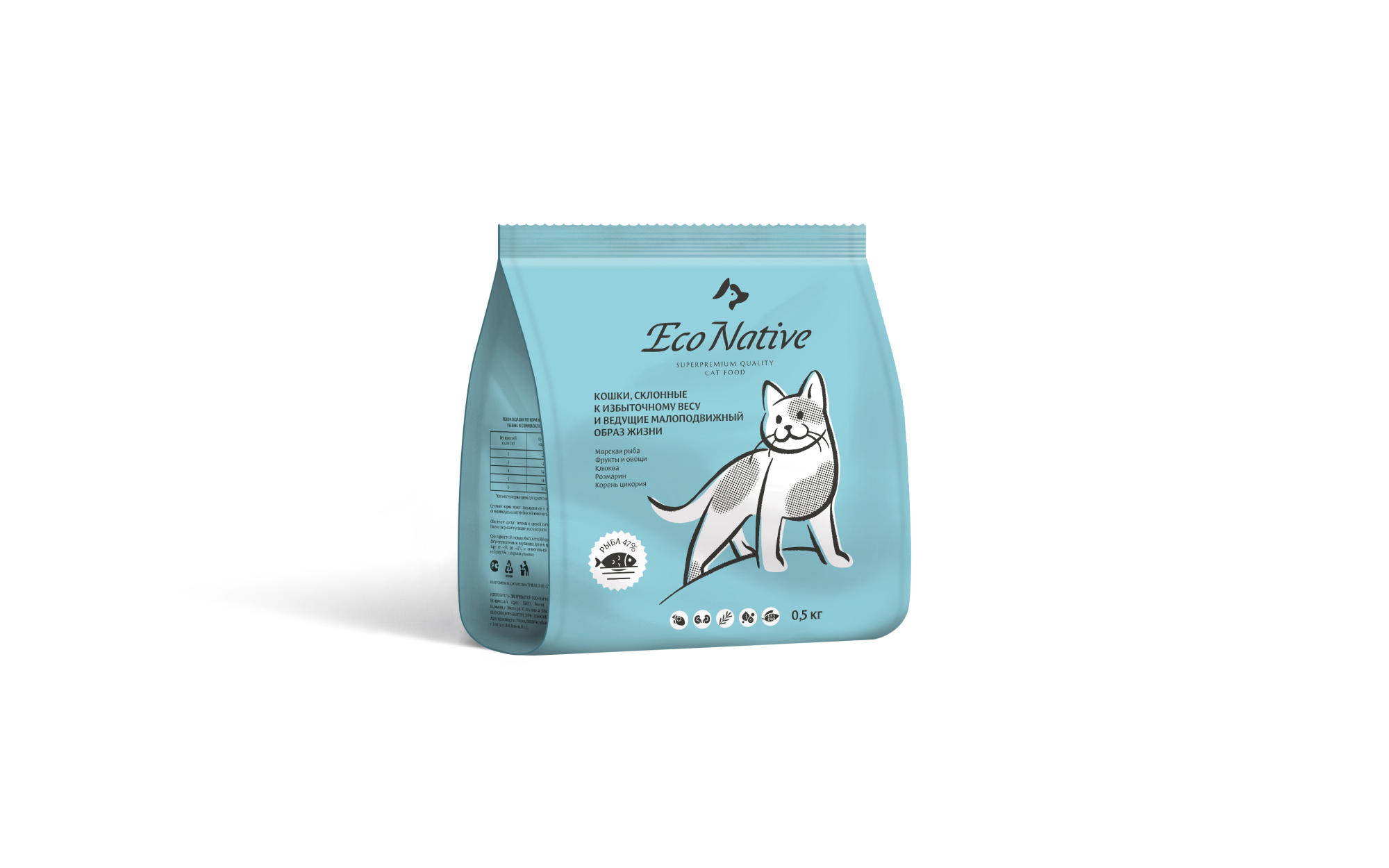 Eco Native CAT FOOD Сухой корм для кошек, склонных к избыточному весу из рыбы лососевых пород с овощами и клюквой, 500 гр.