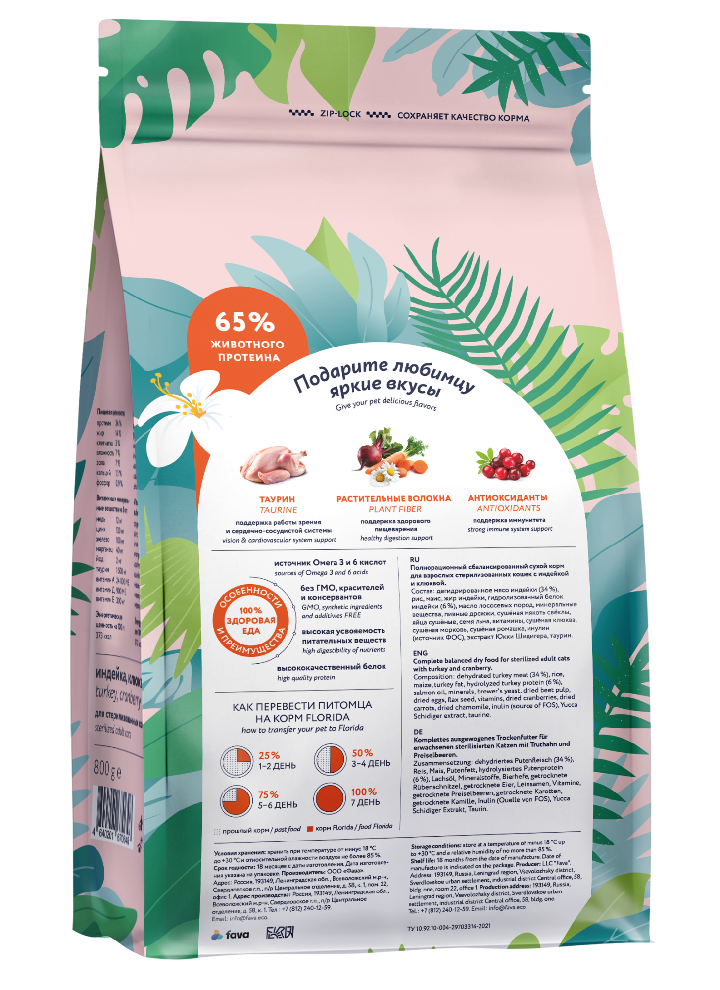 FLORIDA. Сухой корм для стерилизованных кошек с индейкой 800 грамм 4640201670648