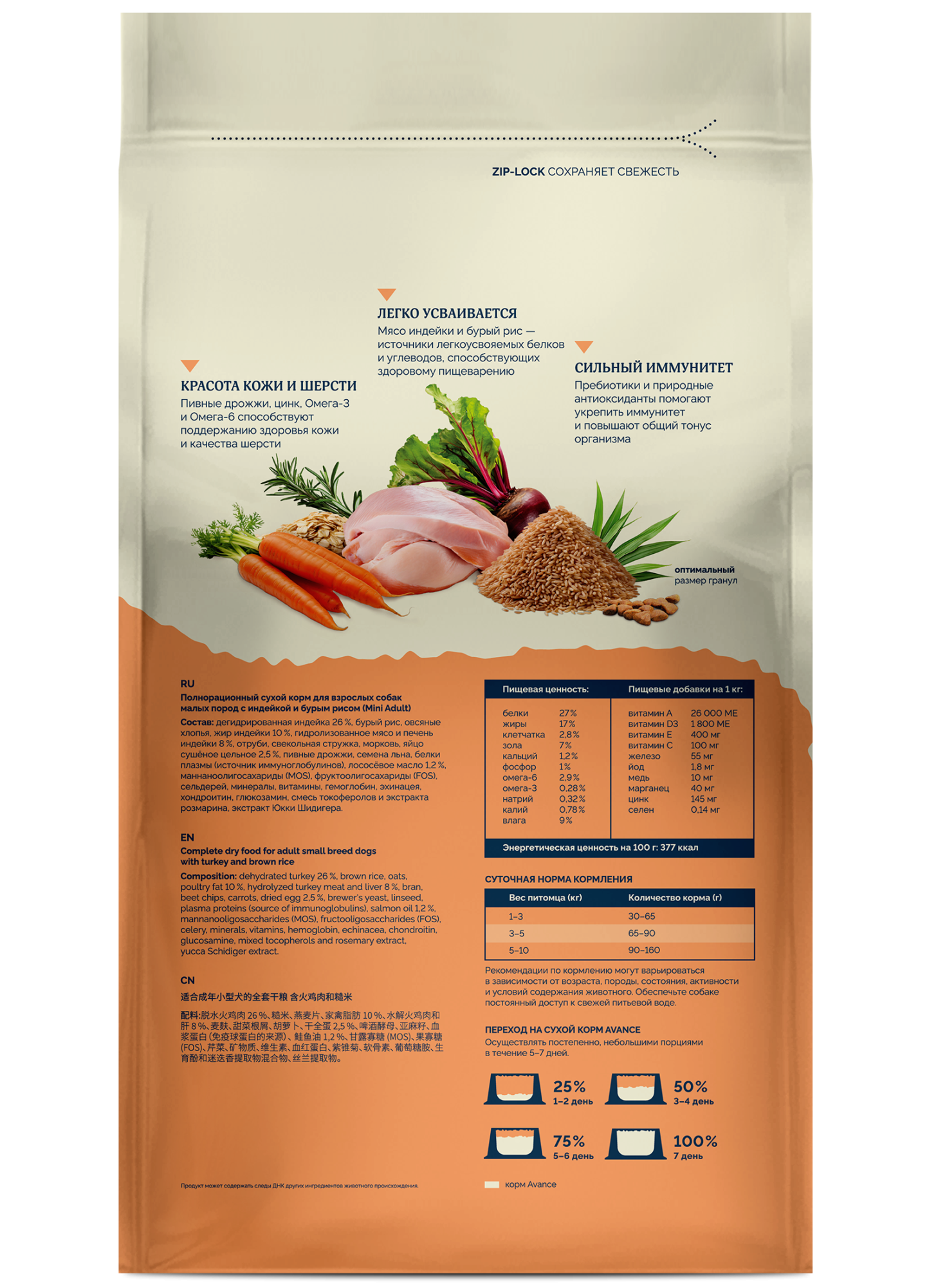 AVANCE Сухой корм для мелких собак с индейкой 3 кг