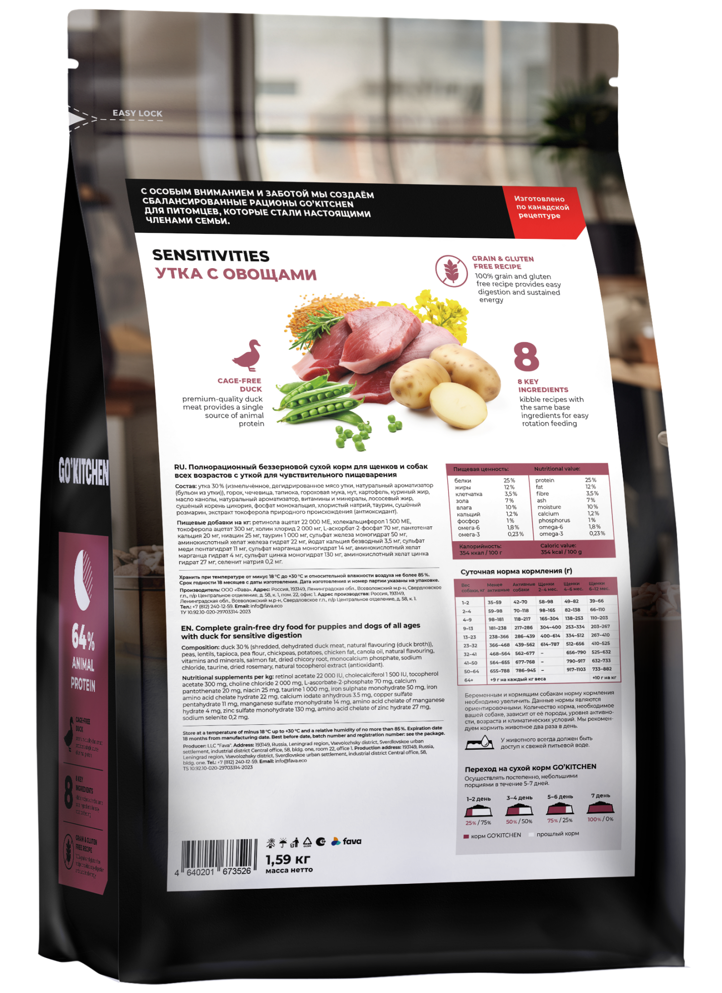 GO'KITCHEN Сухой беззерновой корм Sensitive для собак с уткой 1,59 кг 4640201673526