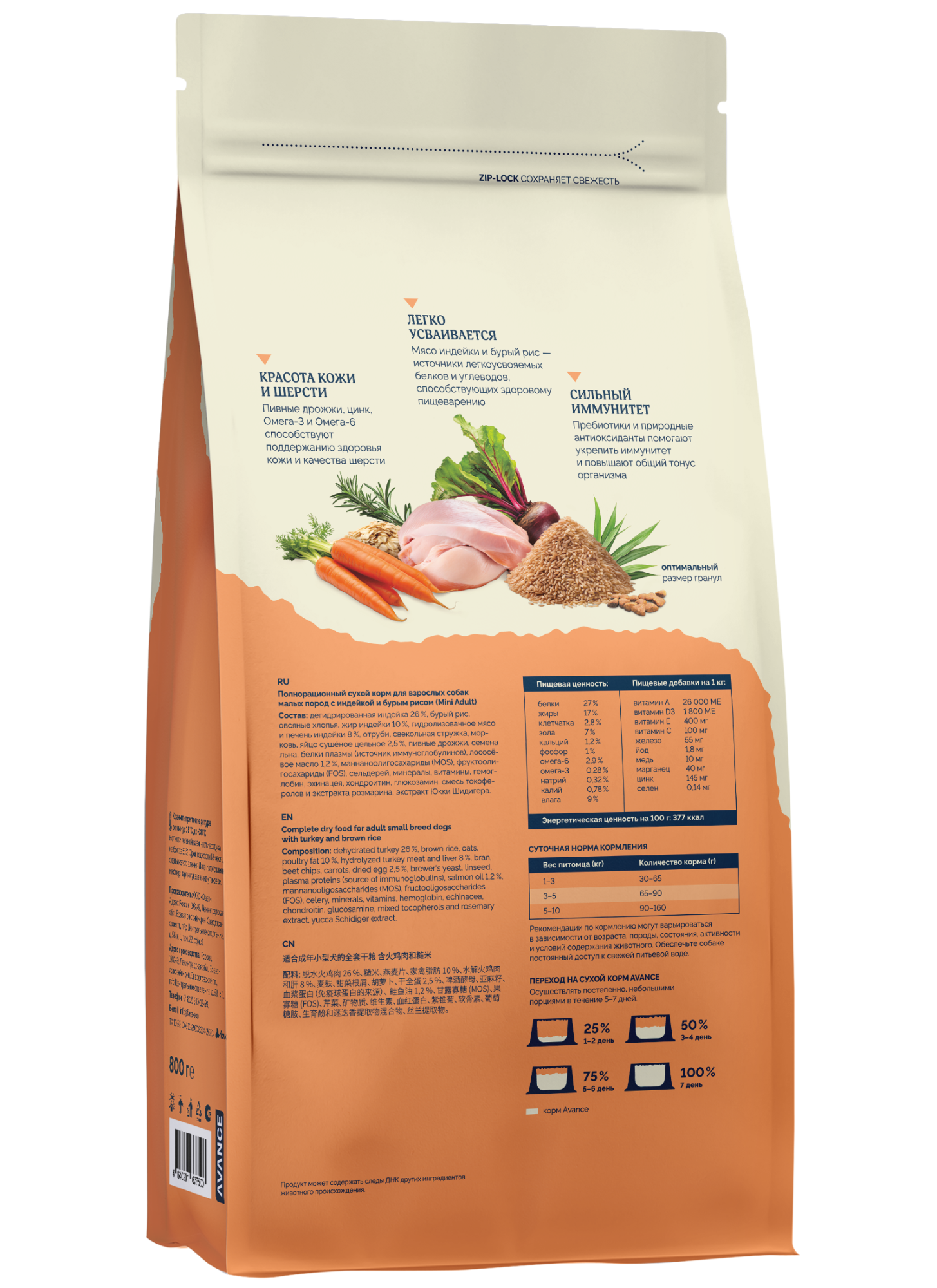 AVANCE Сухой корм для мелких собак с индейкой 0,8 кг
