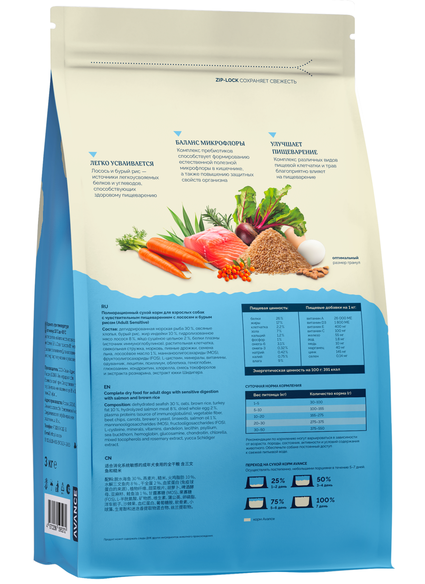 Avance Сухой корм Sensitive для собак с лососем и рисом 3 кг