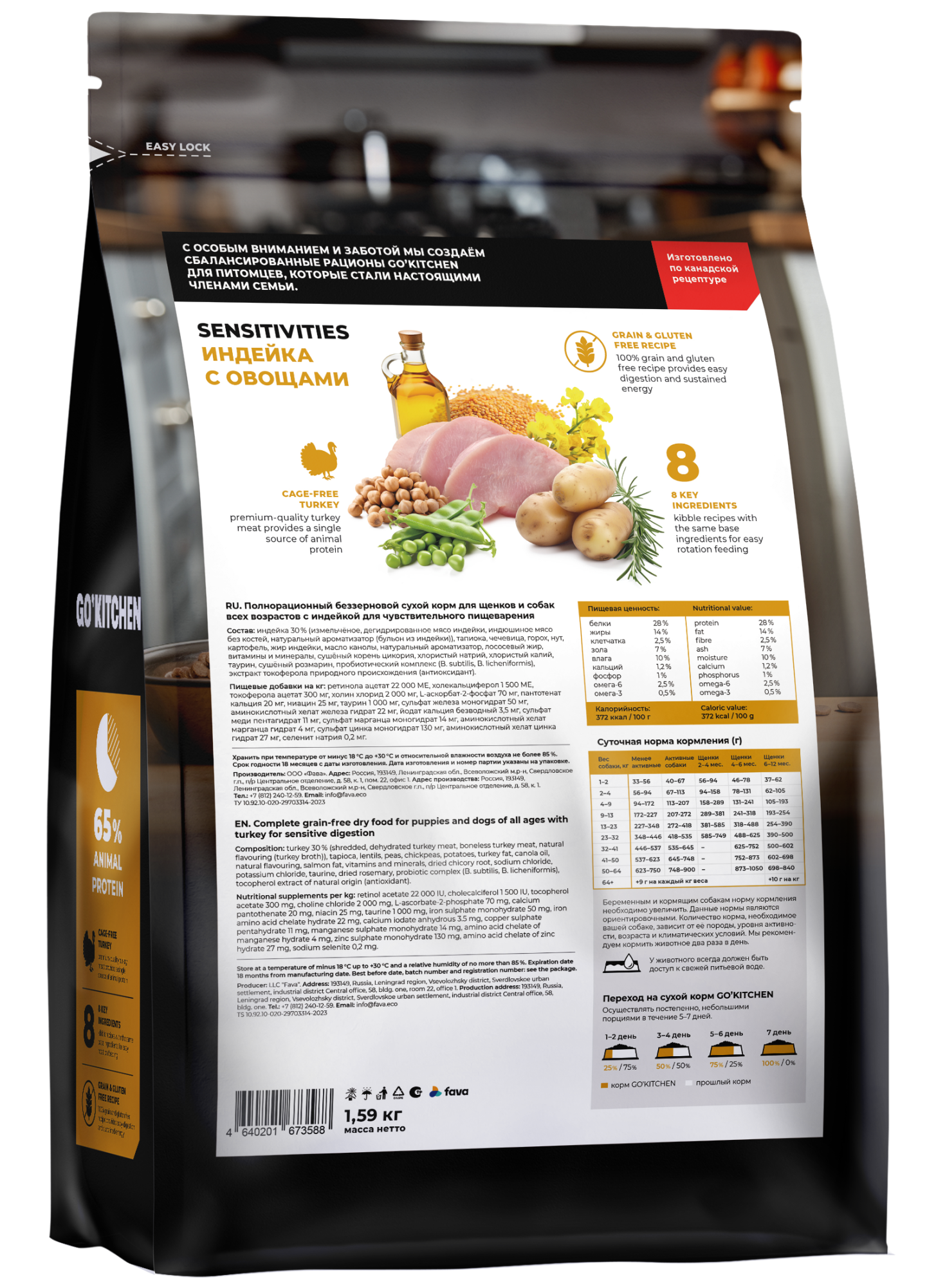 GO'KITCHEN Сухой беззерновой корм Sensitive для собак индейкой 1,59 кг 4640201673588