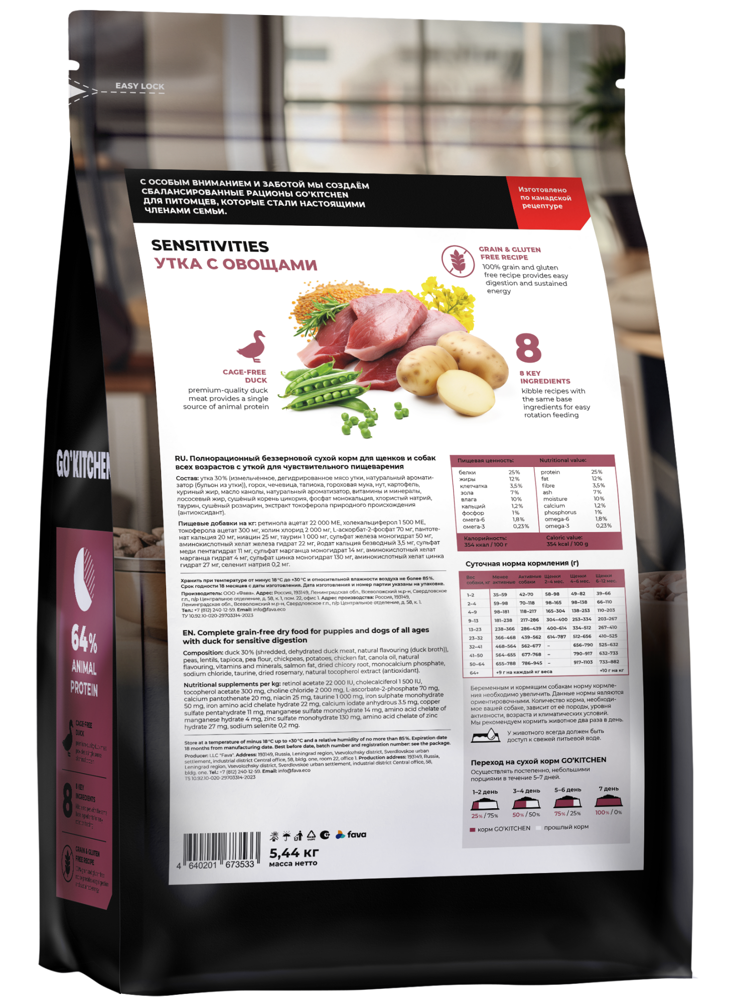 GO'KITCHEN Сухой беззерновой корм Sensitive для собак с уткой 5,44 кг 4640201673533