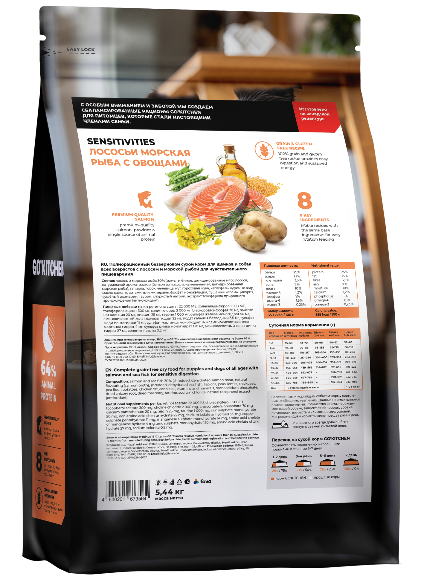 GO'KITCHEN Сухой беззерновой корм Sensitive для собак с лососем 5,44 кг 4640201673564