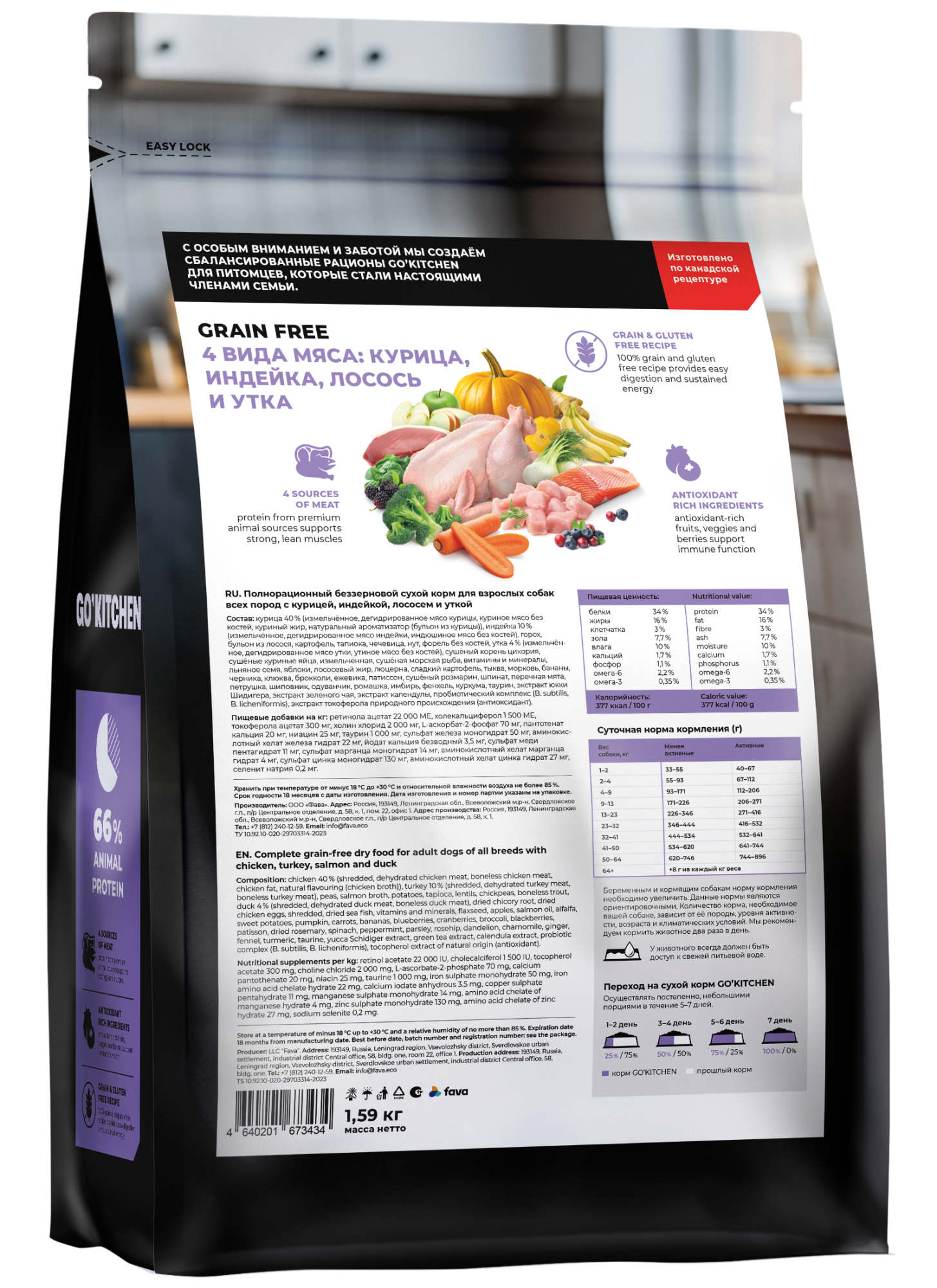 GO'KITCHEN Сухой беззерновой корм для собак четыре вида мяса 1,59 кг