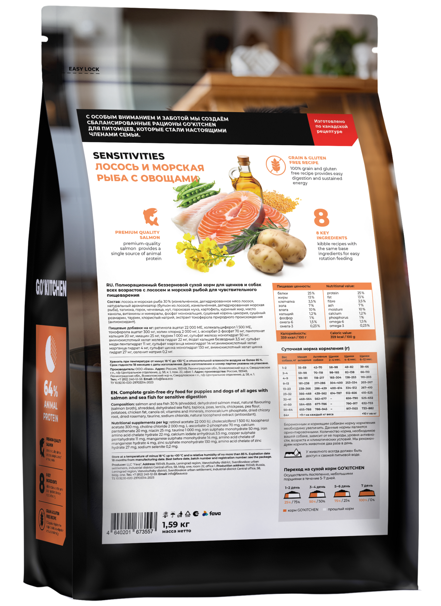 GO'KITCHEN Сухой беззерновой корм Sensitive для собак с лососем 1,59 кг 4640201673557